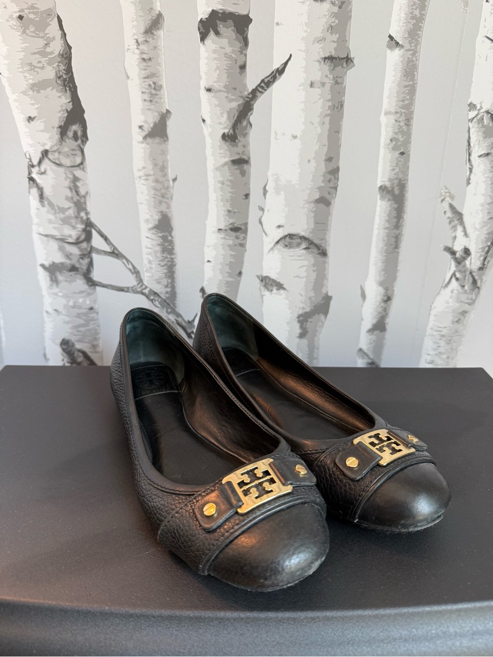 Tory Burch Logo Leather Cap-Toe Ballet Flats